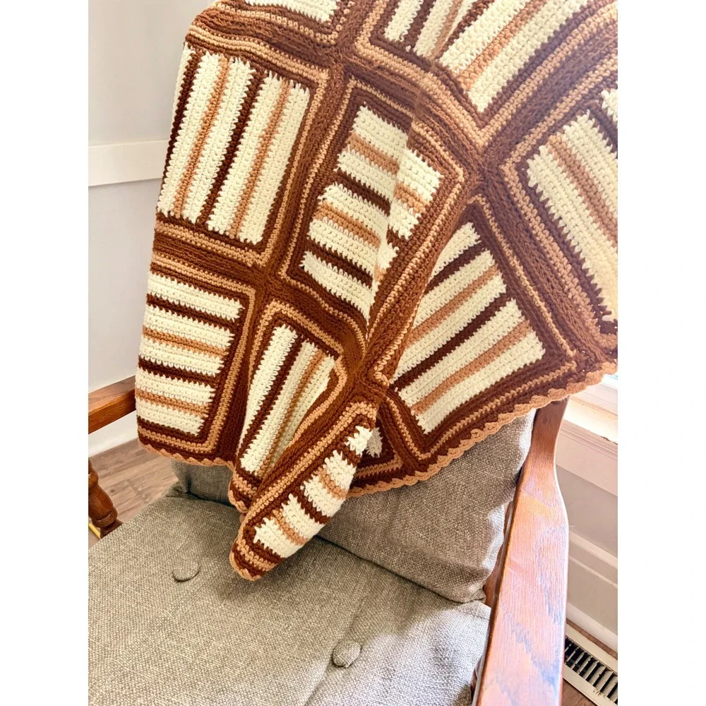Vintage Handmade Crochet Patchwork Throw Blanket Brown Cream Geometric 41x31